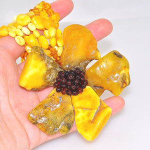 Baltic Butterscotch, Honey and Cherry Amber Large Lotus Flower 4 Strand Necklace