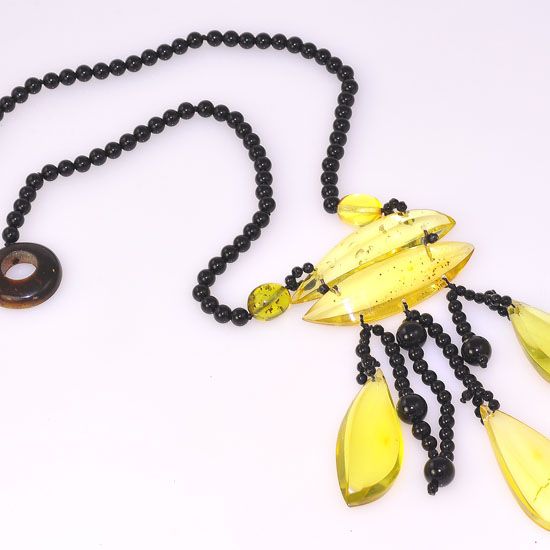 Genuine Onyx Beads and Baltic Citrine Amber Tribal Dangle Necklace