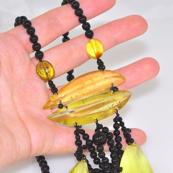 Genuine Onyx Beads and Baltic Citrine Amber Tribal Dangle Necklace