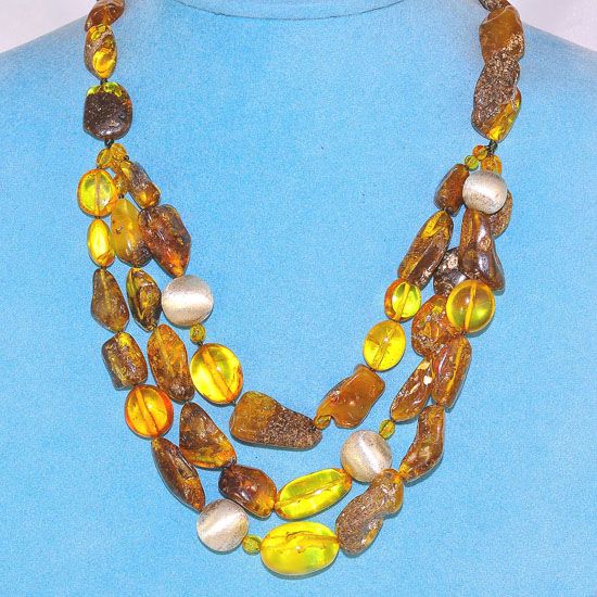 Sterling Silver and Ebony Wood Baltic Honey Amber and Raw Amber Nugget Necklace