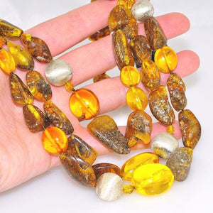 Sterling Silver and Ebony Wood Baltic Honey Amber and Raw Amber Nugget Necklace