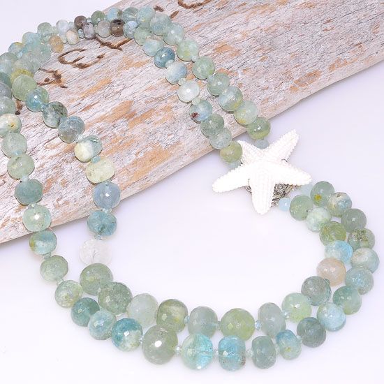 Sterling Silver Faceted Prehnite Bead and Carved Bone Starfish Clasp Double Strand Necklace
