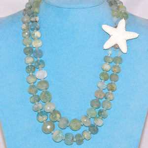 Sterling Silver Faceted Prehnite Bead and Carved Bone Starfish Clasp Double Strand Necklace
