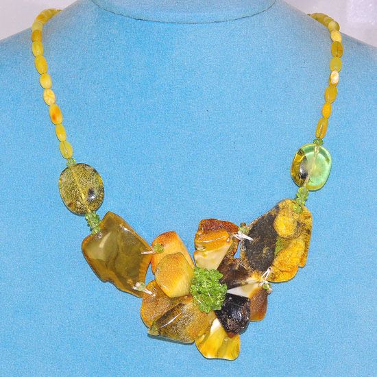 Ebony Wood Clasp, Baltic Butterscotch Amber and Peridot Flower Necklace