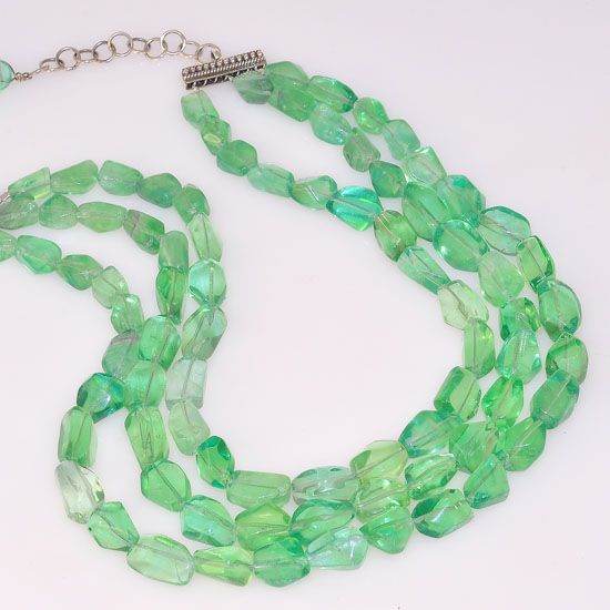 Sterling Silver Mermaid Green Fluorite Nugget Beaded 3 Strand Necklace
