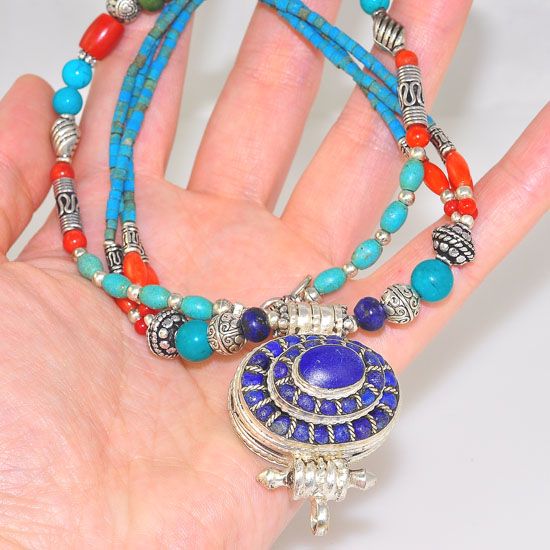 Silver Plated Tibetan Lapis Lazuli, Turquoise and Coral Locket Box Necklace