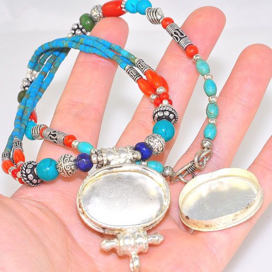 Silver Plated Tibetan Lapis Lazuli, Turquoise and Coral Locket Box Necklace