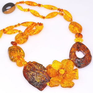 Genuine Baltic Honey Amber Flower Carved Flintstone Necklace
