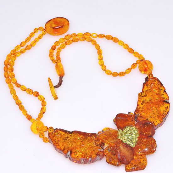 Genuine Baltic Honey Amber and Peridot Bead Flower Necklace