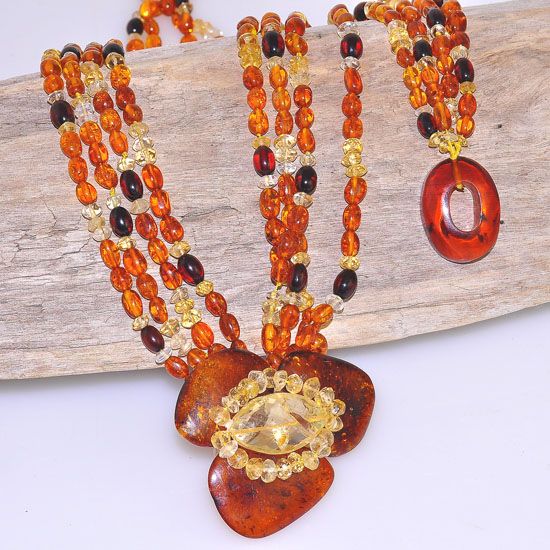 Genuine Baltic Honey Amber, Cherry Amber and Citrine Amber Beaded 4-Strand Necklace