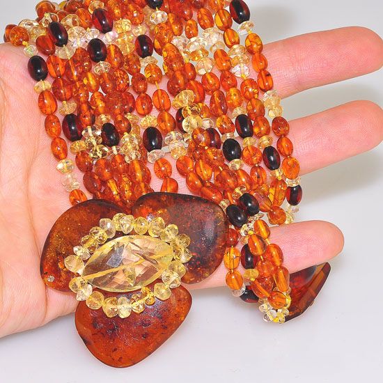 Genuine Baltic Honey Amber, Cherry Amber and Citrine Amber Beaded 4-Strand Necklace