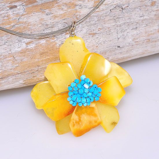 Sterling Silver Baltic Butterscotch Amber and Turquoise Bead Flower Wire Necklace