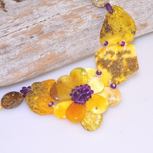 Baltic Butterscotch Amber, Baltic Honey Amber and Amethyst Flower Necklace