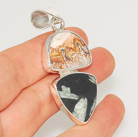 Sterling Silver Crazy Lace Agate and Chinese Writing Stone Pendant