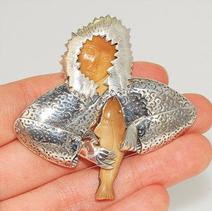 Sterling Silver, Carved Fossil Walrus Ivory, Eskimo with Fish, Pendant / Pin