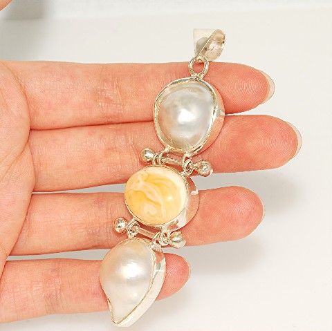 Sterling Silver, Pearl, Baltic Butterscotch Amber Pendant