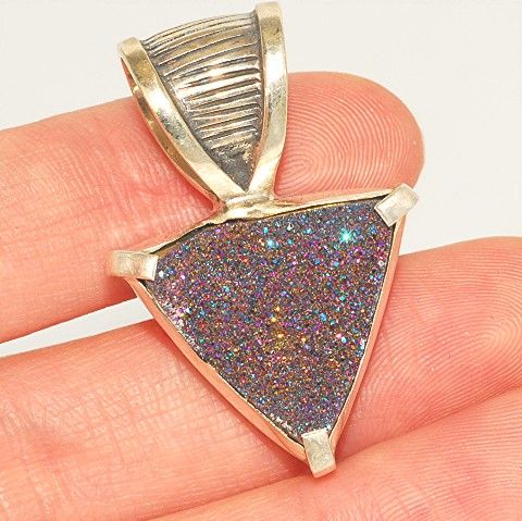 Sterling Silver, Titanium Druzy Triangle Pendant