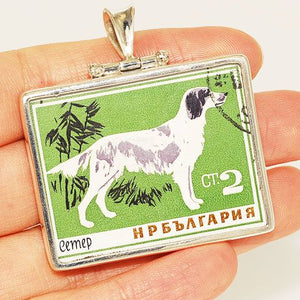 Sterling Silver Vintage Cyrillic Dog Postage Stamp Pendant