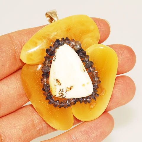 Sterling Silver Baltic Butterscotch Amber and Iolite Pendant