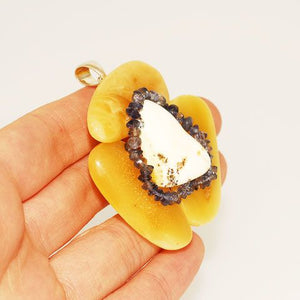 Sterling Silver Baltic Butterscotch Amber and Iolite Pendant