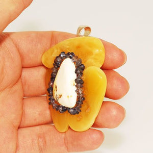 Sterling Silver Baltic Butterscotch Amber and Iolite Pendant