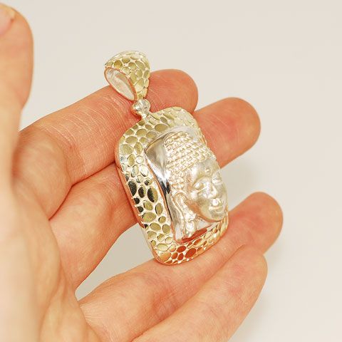 18K Gold Vermeil Pebble Design and Sterling Silver Buddha Face Pendant