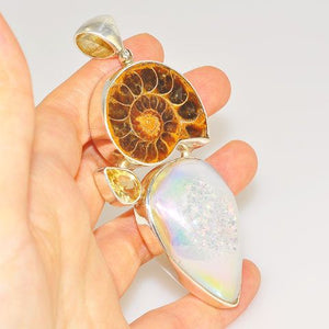 Sterling Silver Fossil Ammonite, Druzy and Citrine Pendant