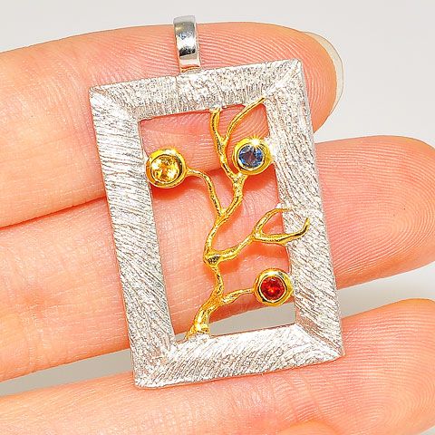 22 K Gold Vermeil and Rhodium-Plated Sterling Silver Ruby, Sapphire and Citrine Pendant