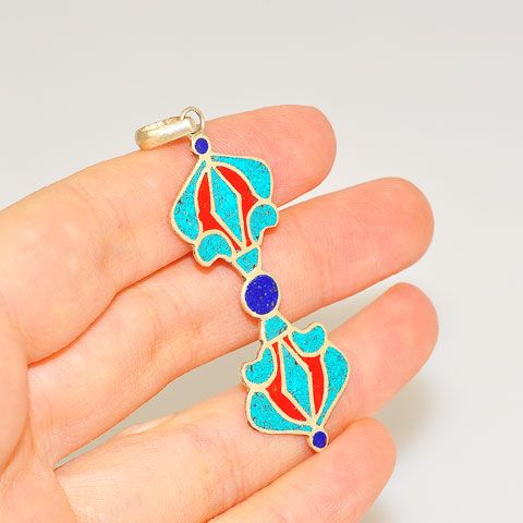 Sterling Silver Turquoise, Red Coral and Lapis Lazuli Vajra Dorje Tibetan Pendant