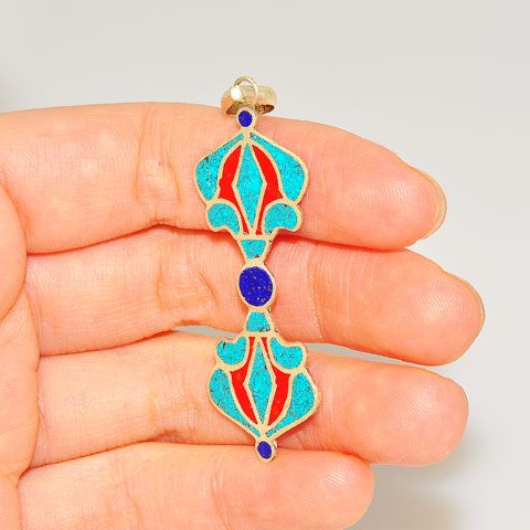 Sterling Silver Turquoise, Red Coral and Lapis Lazuli Vajra Dorje Tibetan Pendant