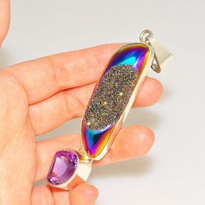 Sterling Silver Titanium Druzy and Amethyst Pendant