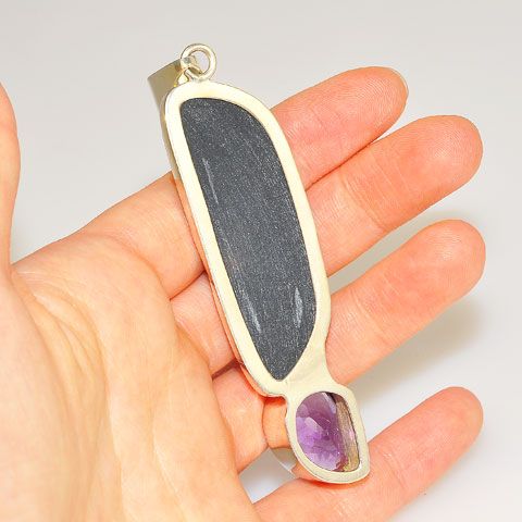 Sterling Silver Titanium Druzy and Amethyst Pendant