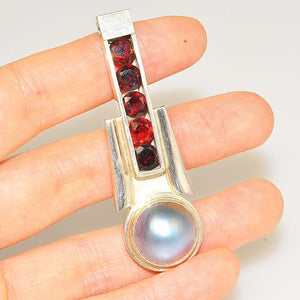 Sterling Silver 15mm Blue Mabe Pearl and Garnet Pendant