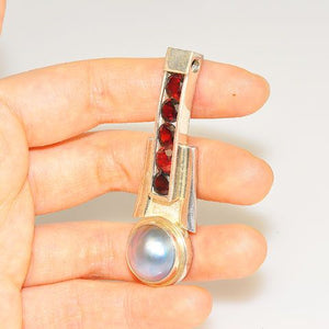 Sterling Silver 15mm Blue Mabe Pearl and Garnet Pendant