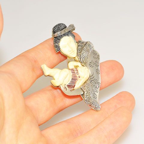 Sterling Silver Fossilized Mammoth Ivory Mother and Baby Pendant/Pin