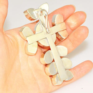 Sterling Silver Fossil Ammonite and Faceted Clear Quartz Cross Pendant