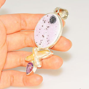 Sterling Silver Spotted Druzy, Biwa Pearl and Amethyst Pendant