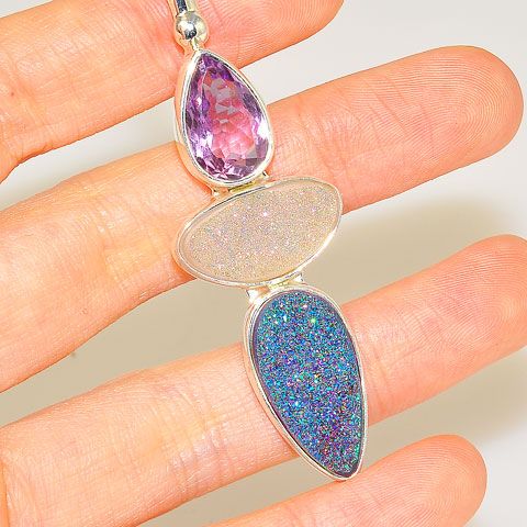 Sterling Silver Druzy and Amethyst Pendant