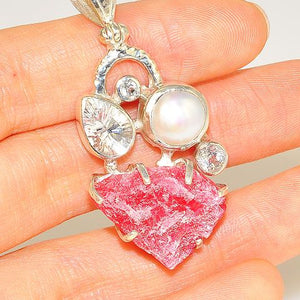 Sterling Silver Rough Rhodonite, Pearl and White Topaz Pendant