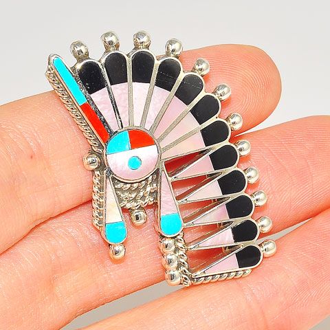 Native American Sterling Silver Turquoise Mother-of-Pearl, Jet, Turquoise Inlay Zuni-Made Pendant/Pin