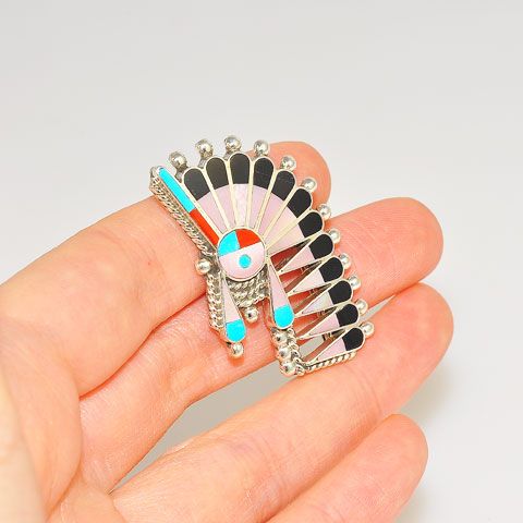 Native American Sterling Silver Turquoise Mother-of-Pearl, Jet, Turquoise Inlay Zuni-Made Pendant/Pin