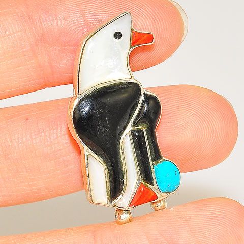 Native American Sterling Silver Jet, Mother-of-Pearl and Turquoise Zuni-Made Eagle Pin