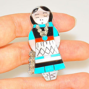 Native American Sterling Silver Jet, Shell and Turquoise Zuni-Made Girl Pendant/Pin