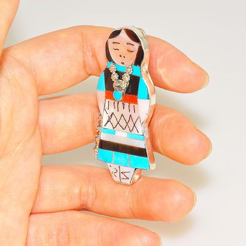 Native American Sterling Silver Jet, Shell and Turquoise Zuni-Made Girl Pendant/Pin