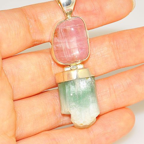Sterling Silver Pink and Green Tourmaline Duet Pendant