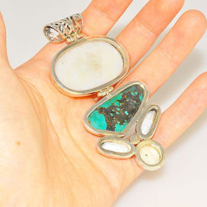 Sterling Silver Druzy, Turquoise and Pearl Pendant