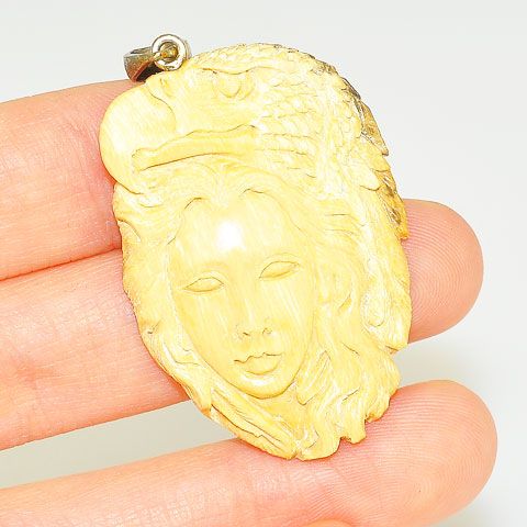Sterling Silver Carved Mammoth Ivory Goddess and Eagle Pendant