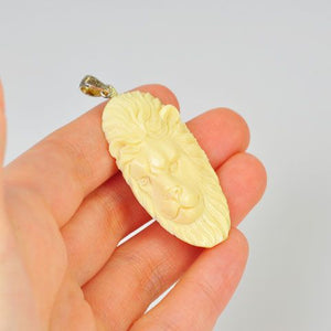 Sterling Silver Carved Fossilized Walrus Ivory Lion Pendant