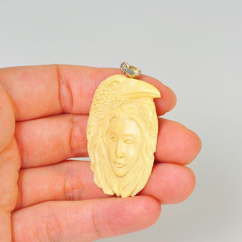 Sterling Silver Carved Mammoth Ivory Goddess and Bird Pendant