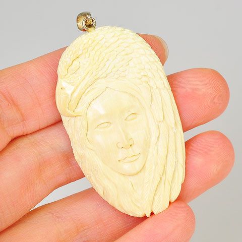 Sterling Silver Carved Mammoth Ivory Goddess and Eagle Pendant